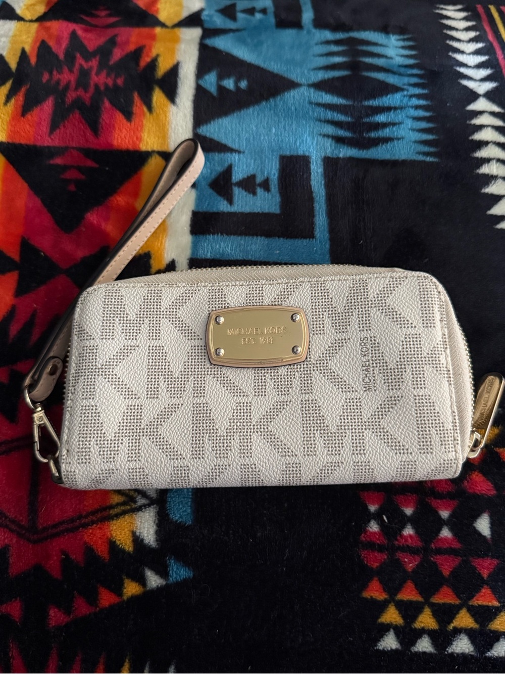 Michael Kors Beige Signature Canvas Wristlet with Gold Plate